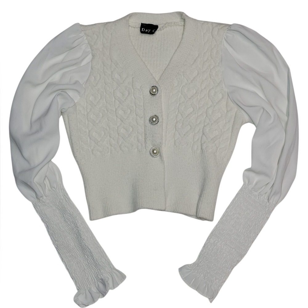 Victorian White Knit Puff Sleeves Cardigan Size S/M